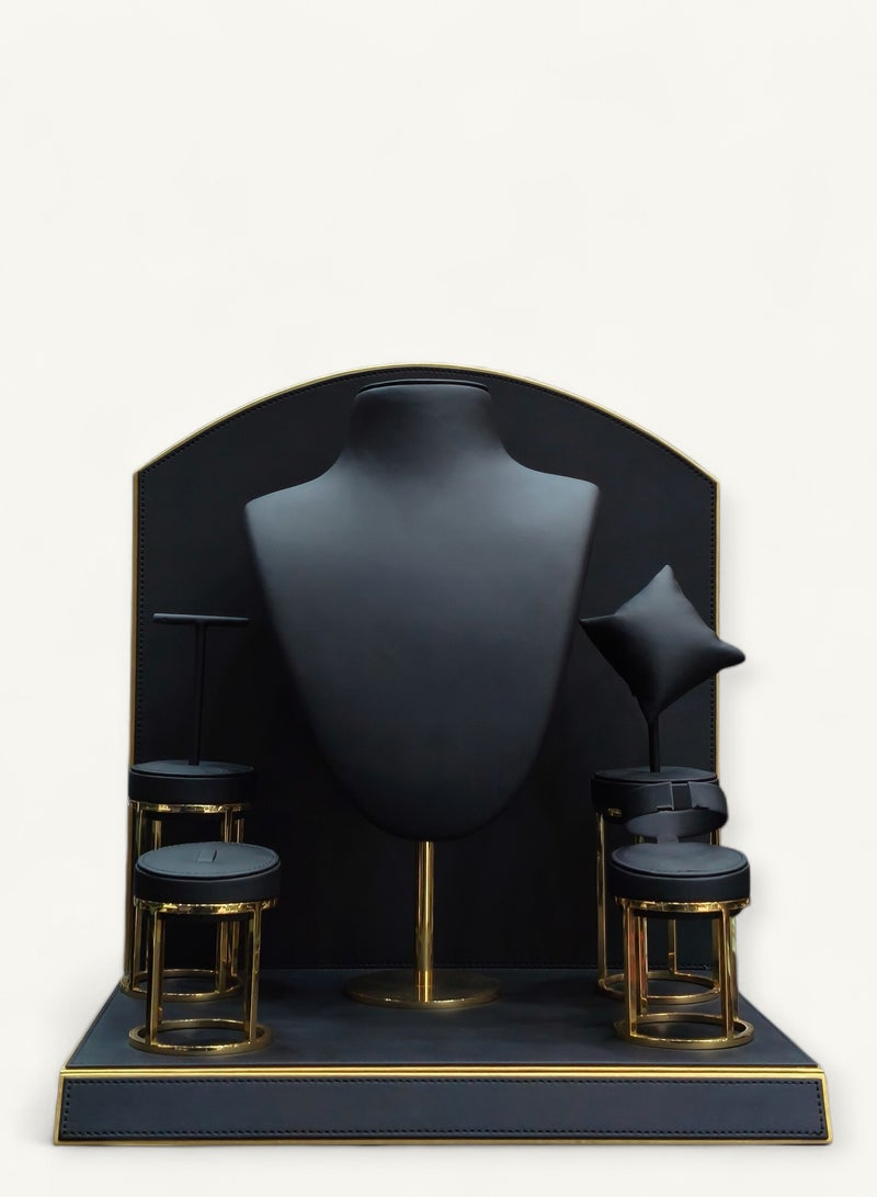 Al Seraj Luxury Jewelry Set Display Stand – Made in Dubai UAE | Gold Plated Metallic Base | Premium Black Rexine Leather Ring, Earring, Bangle, Bracelet & Necklace Display with Background & Main Base for Showroom - Image 1